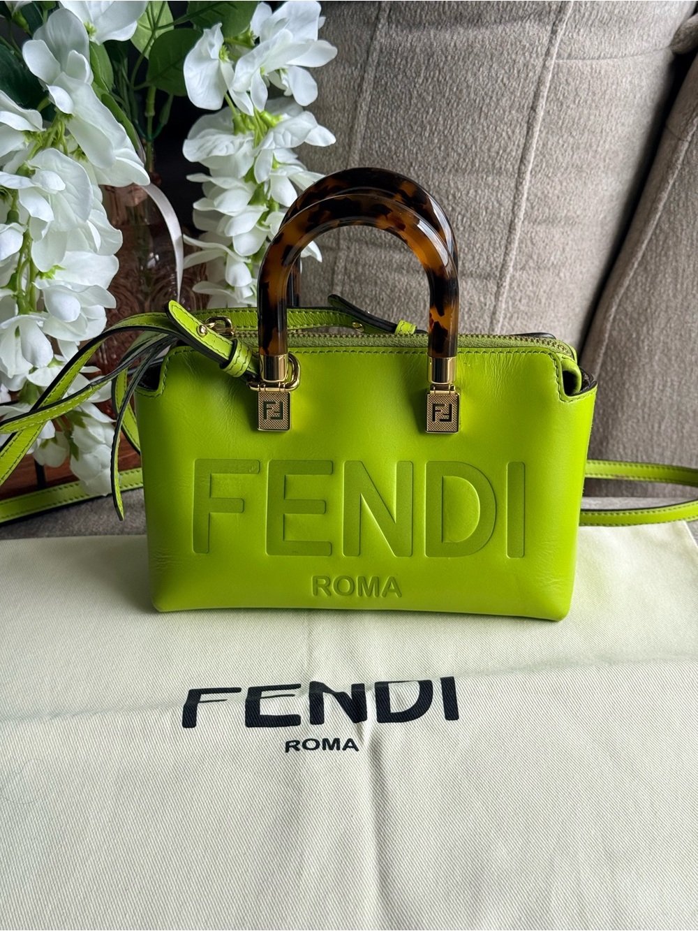 Fendi Roma Bright Green Mini By the Way Tote with Tortoiseshell Handles
